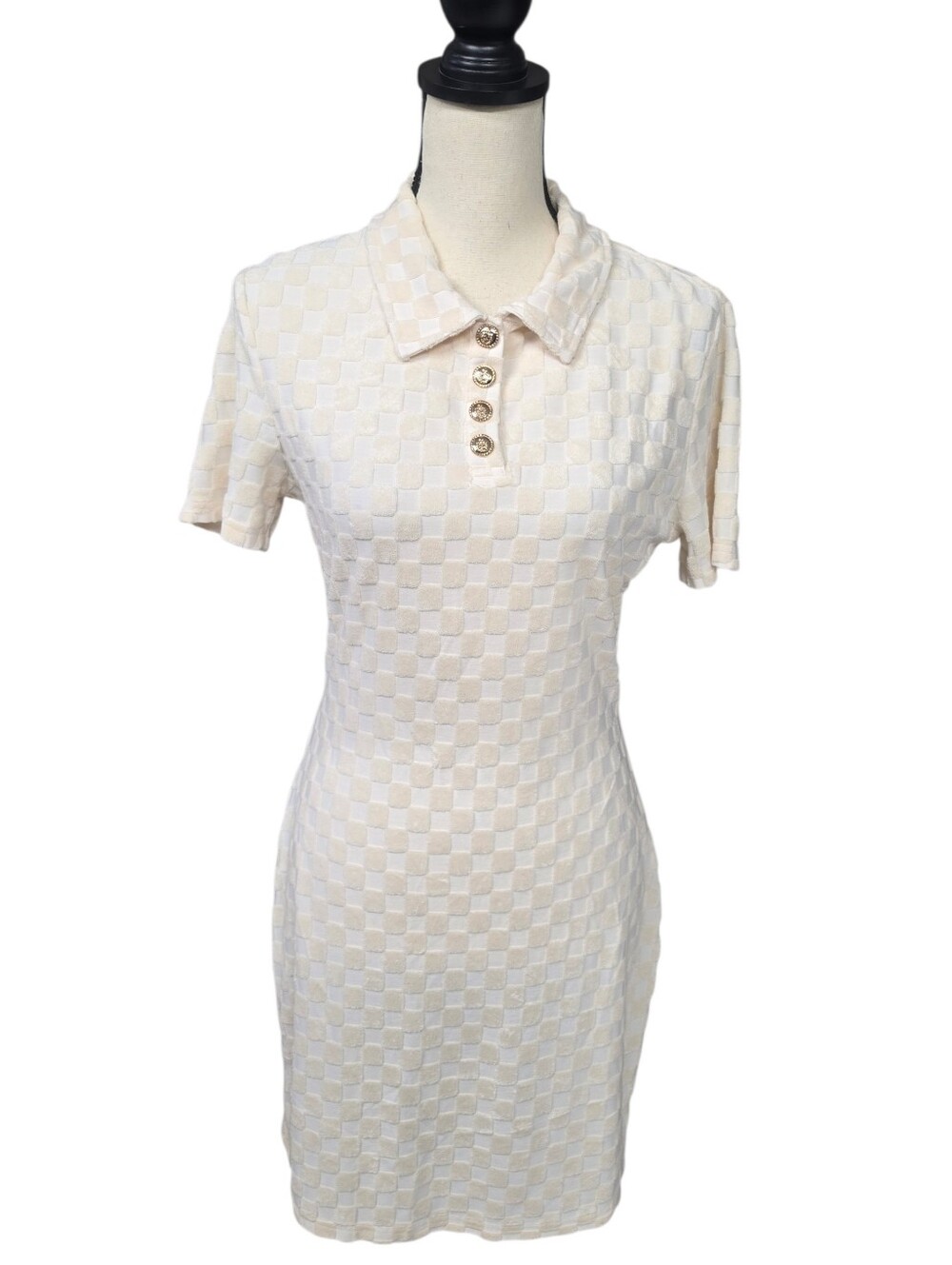 Shane Justin Ivory Cream Checkered Textured Polo Mini Dress XL